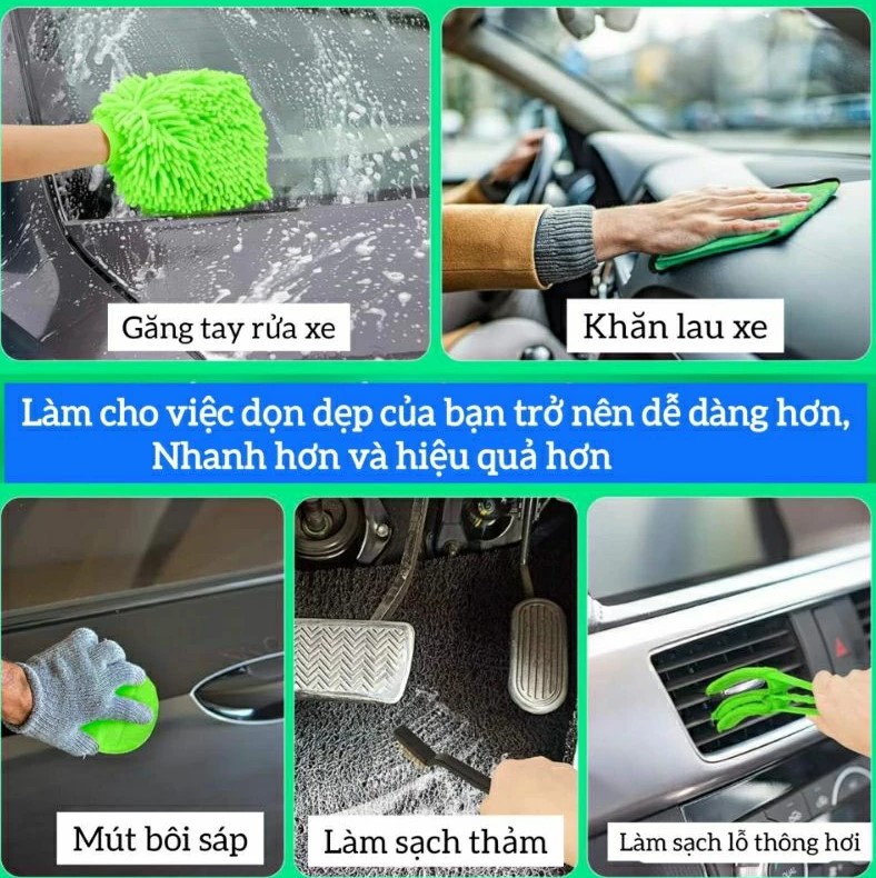 Dụng Cụ Rửa Xe Máy Ô Tô Nhiều Món Găng Tay, Bộ 5 Cọ Rửa, Mút, Bàn Chải, khăn lau