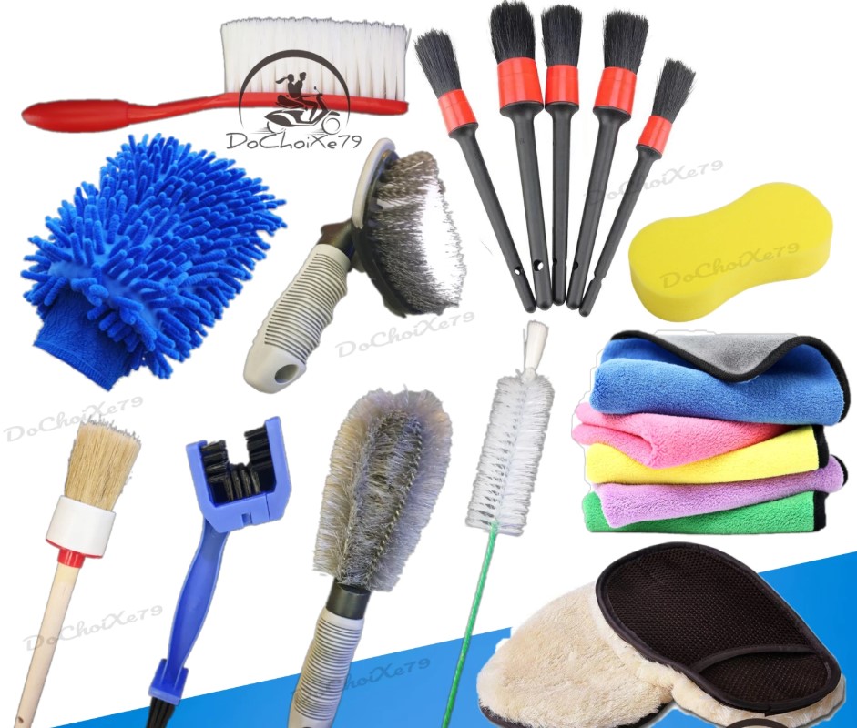 Dụng Cụ Rửa Xe Máy Ô Tô Nhiều Món Găng Tay, Bộ 5 Cọ Rửa, Mút, Bàn Chải, khăn lau