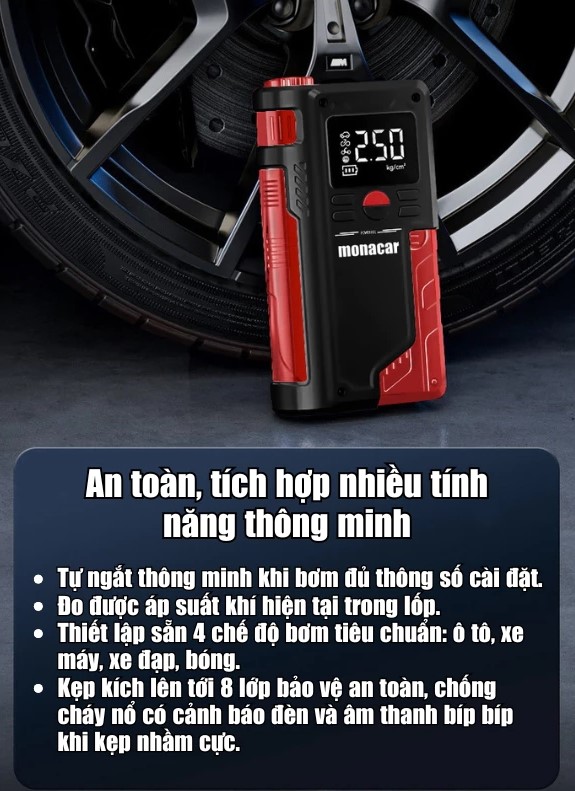 Kích Bình Ô Tô 12V – Bơm Lốp Xe Hơi Đa Năng 4in1 Monacar 14000mAh