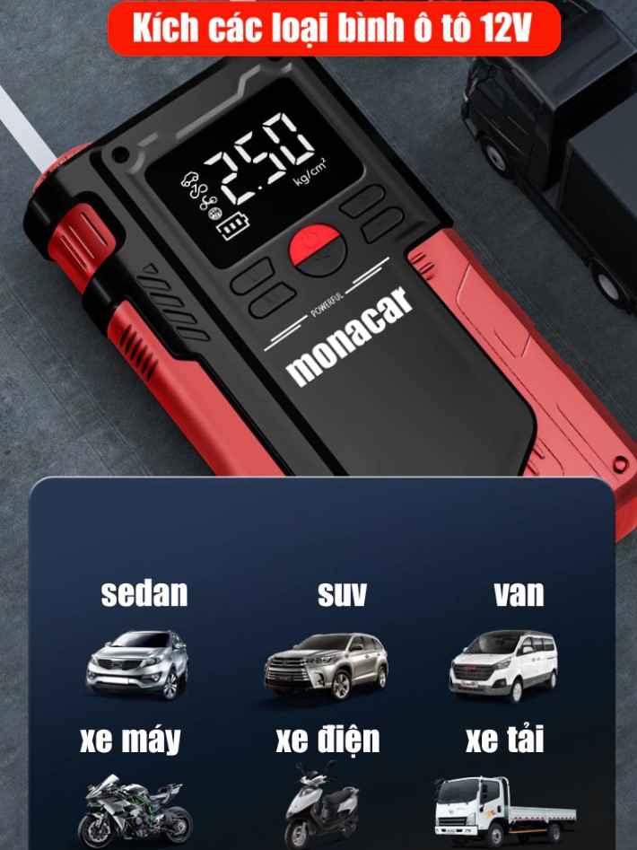 Kích Bình Ô Tô 12V – Bơm Lốp Xe Hơi Đa Năng 4in1 Monacar 14000mAh