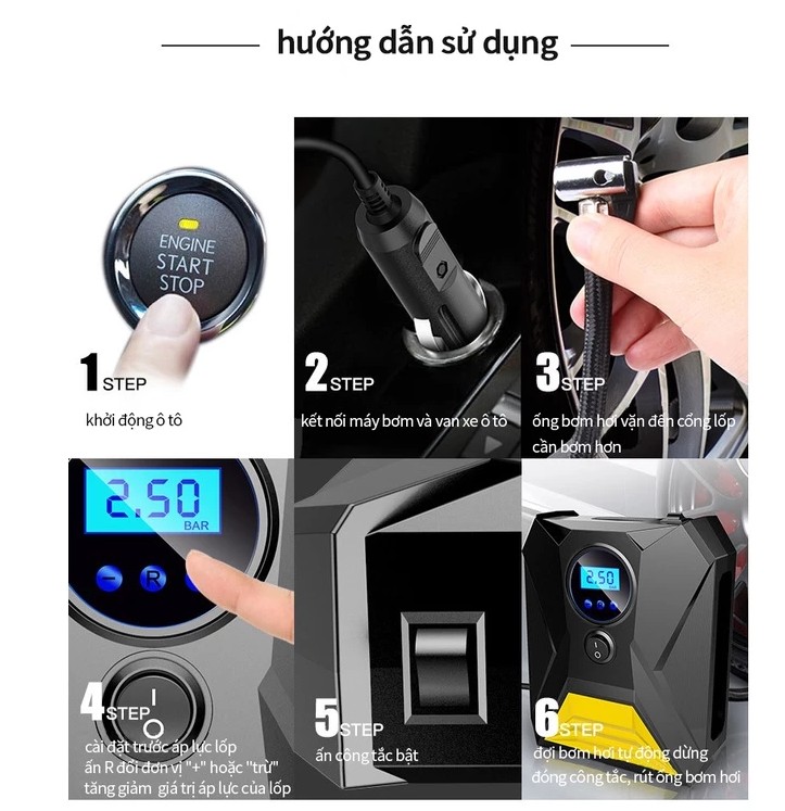 Máy Bơm Hơi Ô Tô Mini Đa Năng 12V SJ0062 – Điện Tử Tự Ngắt, Áp Suất Cao