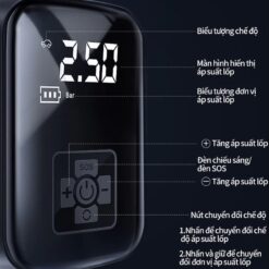 Máy Bơm Hơi Ô Tô Xe Máy Không Dây – Màn Hình LED Hiển Thị Áp Suất, Tặng Kèm Dây Sạc