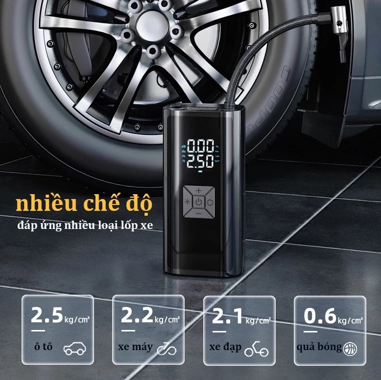 Máy Bơm Lốp Không Dây Cầm Tay Cao Cấp – Màn Hình Hiển Thị Kép, Động Cơ Đức, Bơm Nhanh, Tự Ngắt Khi Đủ Áp Suất