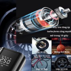 Máy Bơm Lốp Không Dây Cầm Tay Cao Cấp – Màn Hình Hiển Thị Kép, Động Cơ Đức, Bơm Nhanh, Tự Ngắt Khi Đủ Áp Suất