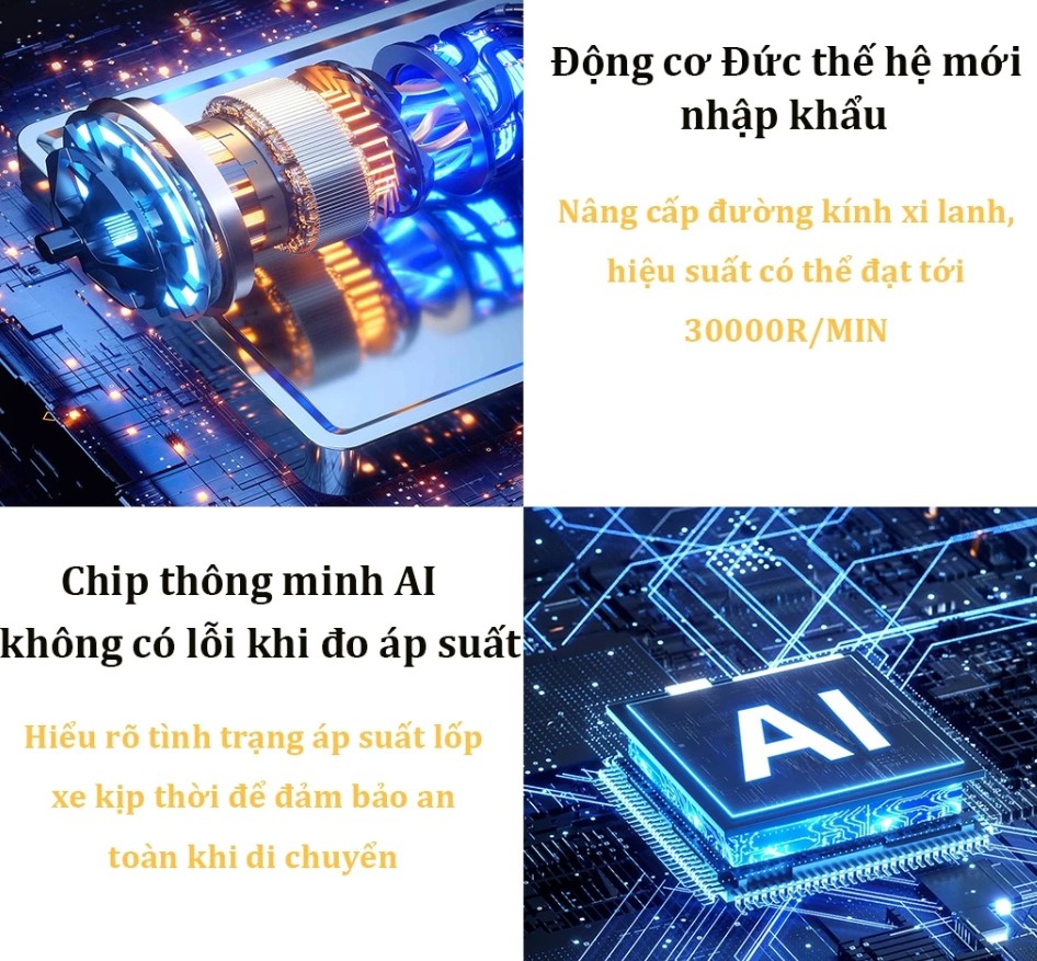 Máy Bơm Lốp Không Dây Cầm Tay Cao Cấp – Màn Hình Hiển Thị Kép, Động Cơ Đức, Bơm Nhanh, Tự Ngắt Khi Đủ Áp Suất