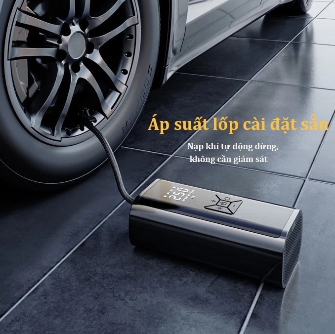 Máy Bơm Lốp Không Dây Cầm Tay Cao Cấp – Màn Hình Hiển Thị Kép, Động Cơ Đức, Bơm Nhanh, Tự Ngắt Khi Đủ Áp Suất