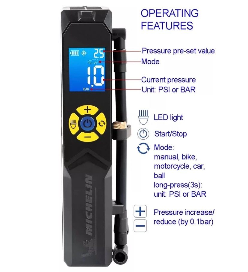 Máy Bơm Lốp Mini Cao Cấp MICHELIN 3321 Tự Động Ngắt, Dùng Pin Bơm Xe Đạp, Xe Máy, Ô Tô