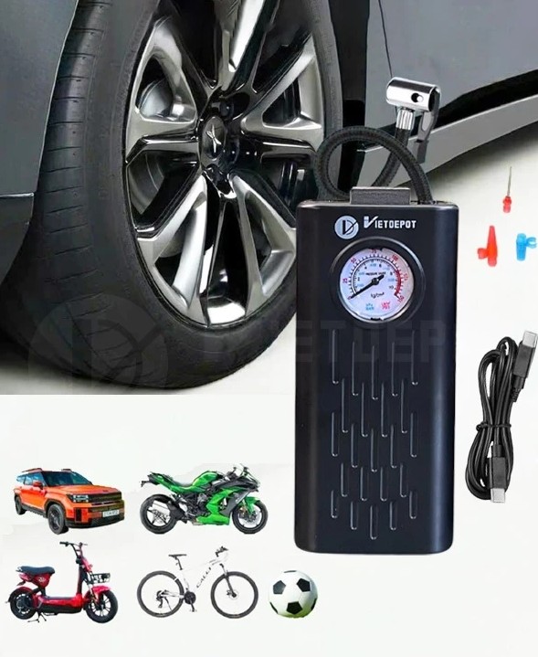 Máy Bơm Lốp Mini Dùng Pin Sạc Cao Cấp Viet Depot – Gọn Nhẹ, Đa Năng Cho Ô Tô, Xe Máy, Xe Đạp, Bóng Đá