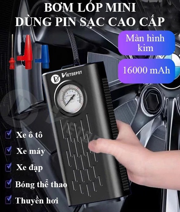 Máy Bơm Lốp Mini Dùng Pin Sạc Cao Cấp Viet Depot – Gọn Nhẹ, Đa Năng Cho Ô Tô, Xe Máy, Xe Đạp, Bóng Đá