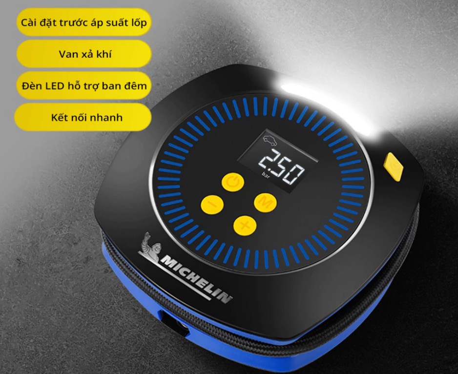 Máy Bơm Lốp Mini Michelin M2201 – 12V Tự Động Ngắt, Đèn LED Chiếu Sáng, Hơi Mạnh