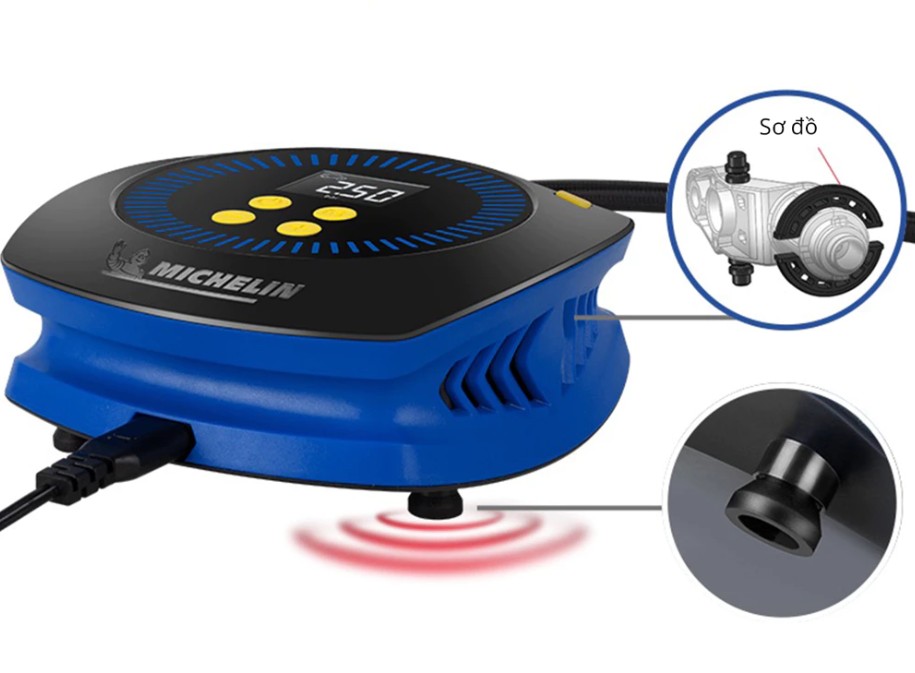 Máy Bơm Lốp Mini Michelin M2201 – 12V Tự Động Ngắt, Đèn LED Chiếu Sáng, Hơi Mạnh