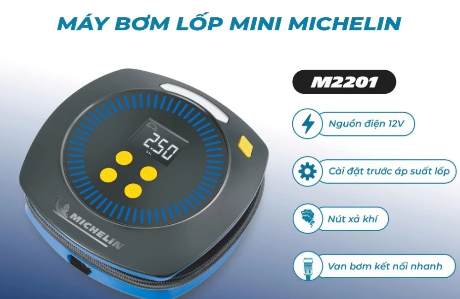 Máy Bơm Lốp Mini Michelin M2201 – 12V Tự Động Ngắt, Đèn LED Chiếu Sáng, Hơi Mạnh