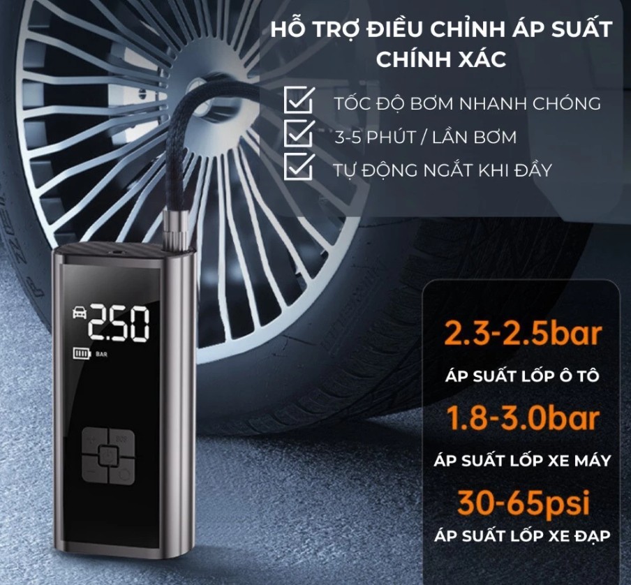 Máy Bơm Lốp Ô Tô DELAX BXO02 – Tích Điện, Đồng Hồ Điện Tử, Đèn LED Chiếu Sáng, Hiển Thị Áp Suất
