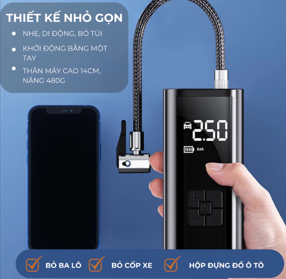 Máy Bơm Lốp Ô Tô DELAX BXO02 – Tích Điện, Đồng Hồ Điện Tử, Đèn LED Chiếu Sáng, Hiển Thị Áp Suất