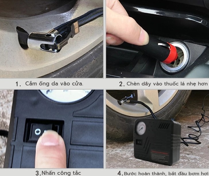 Máy Bơm Lốp Ô Tô Mini 12V Siêu Mạnh Nội Địa Nhật Bản, Bơm Xe Máy, Xe Đạp, Ô Tô 4–16 Chỗ