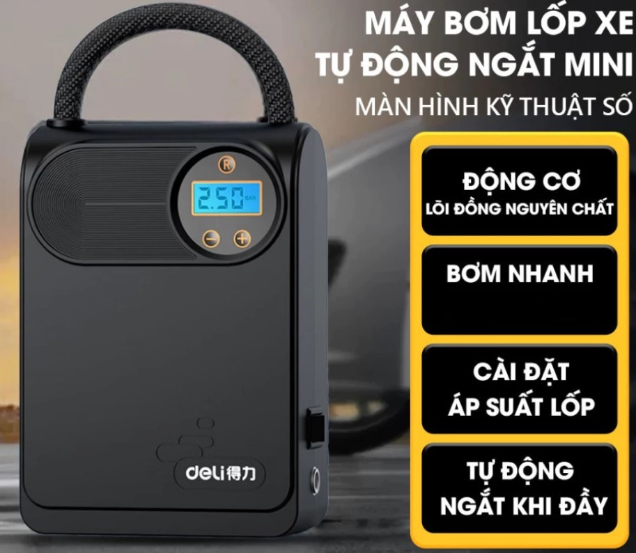 Máy Bơm Lốp Ô Tô Tự Động Deli 80W – Bơm Xe Máy, Xe Đạp, Bóng