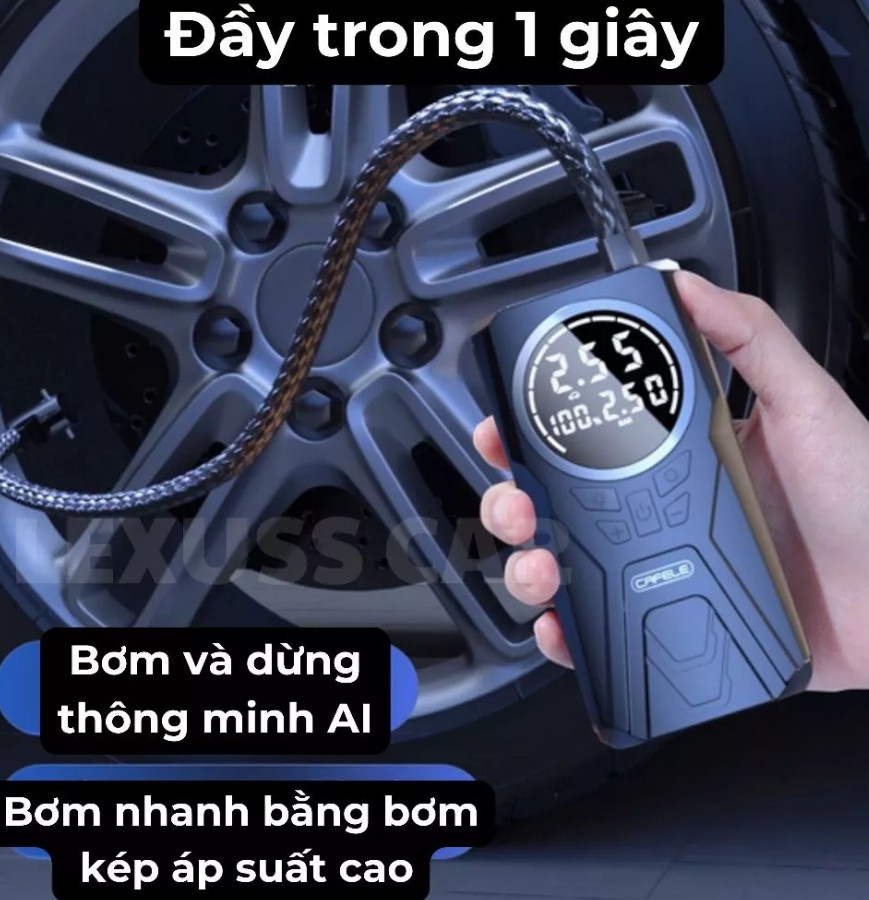 Máy Bơm Lốp Ô Tô & Xe Máy Pin 6000mAh, Tự Ngắt Theo Cảm Biến Áp Suất Lốp