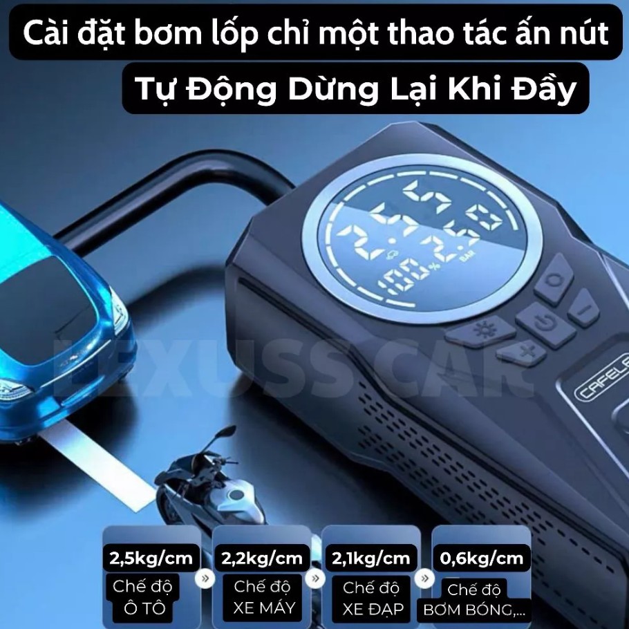 Máy Bơm Lốp Ô Tô & Xe Máy Pin 6000mAh, Tự Ngắt Theo Cảm Biến Áp Suất Lốp