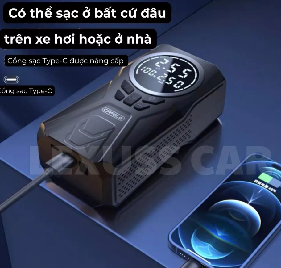 Máy Bơm Lốp Ô Tô & Xe Máy Pin 6000mAh, Tự Ngắt Theo Cảm Biến Áp Suất Lốp