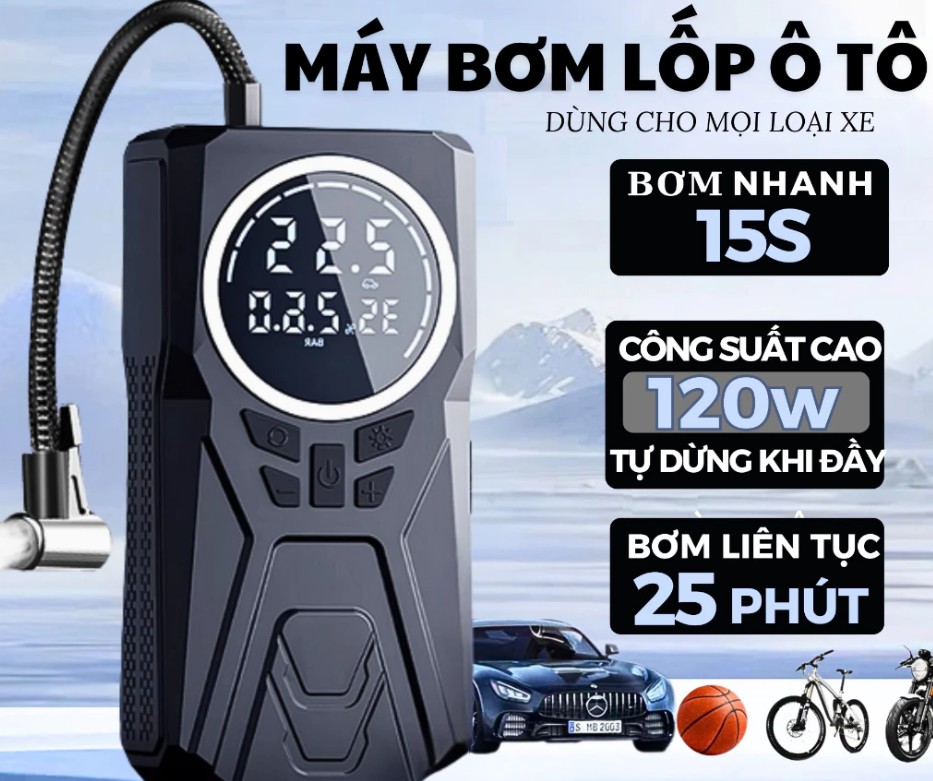 Máy Bơm Lốp Ô Tô & Xe Máy Pin 6000mAh, Tự Ngắt Theo Cảm Biến Áp Suất Lốp