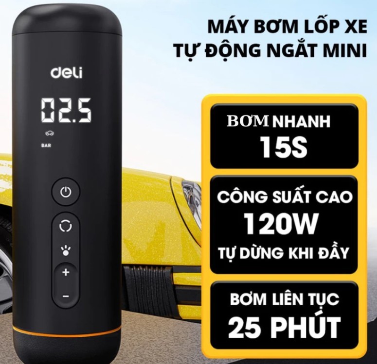 Máy Bơm Lốp Ô Tô, Xe Máy, Xe Đạp Tự Động Deli 120W Bảo Hành 12 Tháng