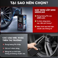 Máy Bơm Lốp Xe Máy & Ô Tô Medicar – Pin 6.000mAh, Mini Cầm Tay, Tự Ngắt Theo Cảm Biến Áp Suất