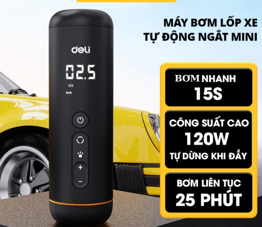 Máy bơm lốp xe ô tô, xe máy tự động Deli 120W – Bơm nhanh 30L/phút