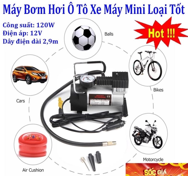 Máy Nén Khí Mini 12V Bơm Hơi Lốp Xe Máy, Xe Đạp Điện & Ô Tô