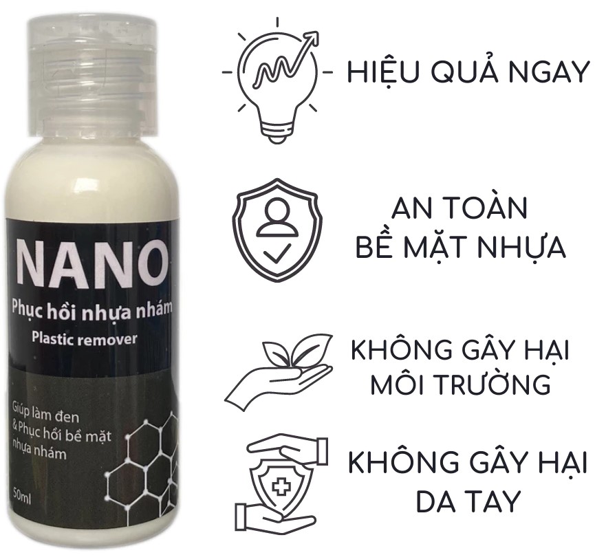 Nano phục hồi nhựa nhám 50ml chai lớn, dung dịch làm mới và dưỡng nhựa đen ô tô, xe máy cũ
