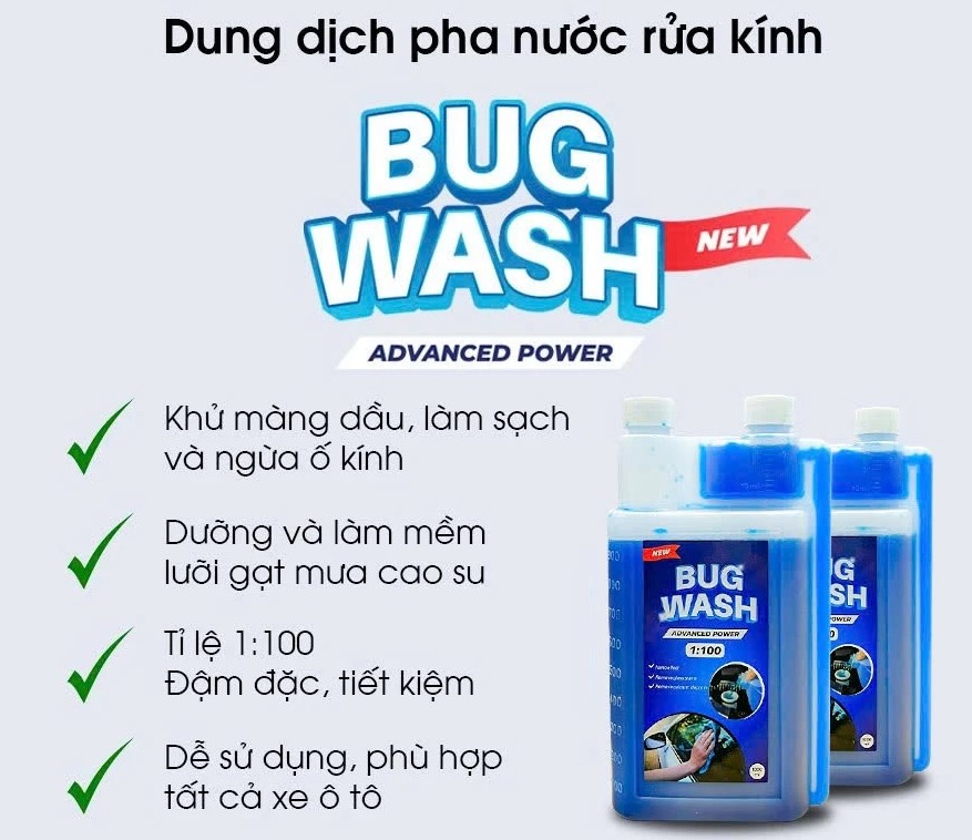 Nước Pha Rửa Kính Ô Tô Đậm Đặc BUG WASH – Chai 1 Lít (Tỷ Lệ 1:100 – Pha Được 100 Lít Nước Rửa Kính)