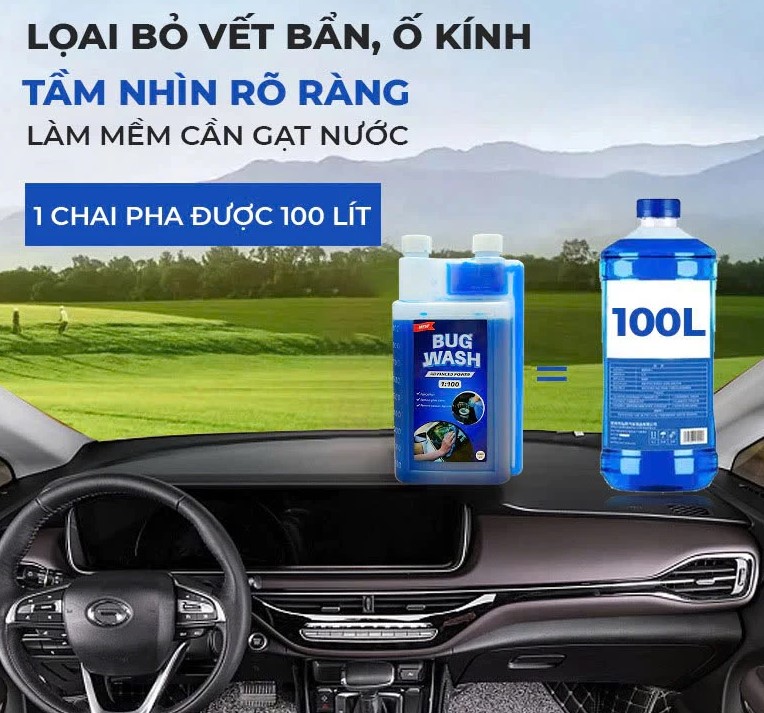 Nước Pha Rửa Kính Ô Tô Đậm Đặc BUG WASH – Chai 1 Lít (Tỷ Lệ 1:100 – Pha Được 100 Lít Nước Rửa Kính)