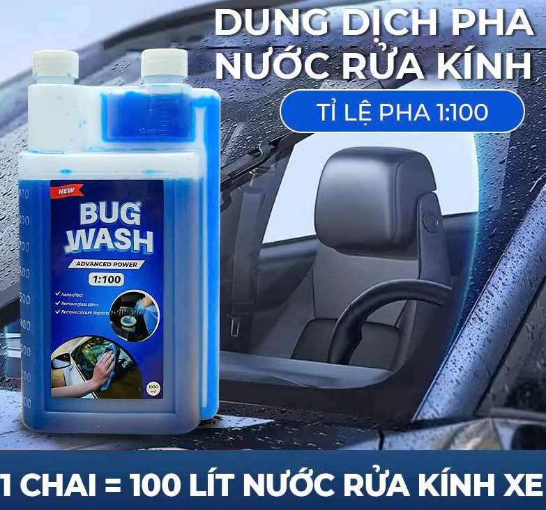 Nước Pha Rửa Kính Ô Tô Đậm Đặc BUG WASH – Chai 1 Lít (Tỷ Lệ 1:100 – Pha Được 100 Lít Nước Rửa Kính)