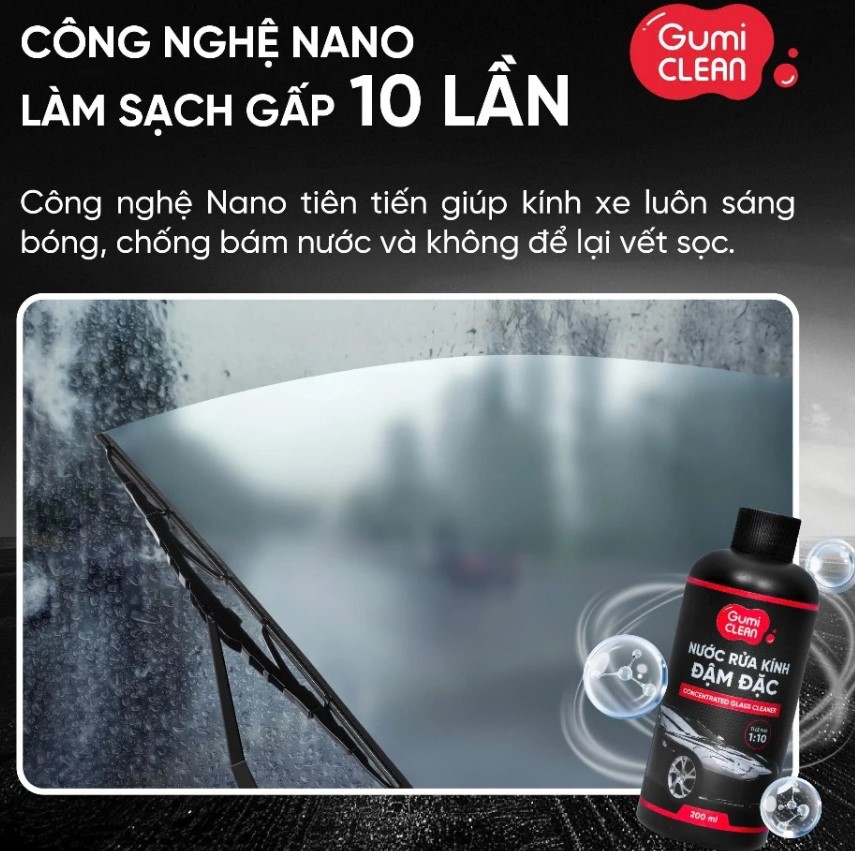 Nước Rửa Kính Xe Ô Tô Đậm Đặc GUMI Clean 200ml - Tỉ Lệ Pha 1:10, Trong Suốt, Không Bám Vết