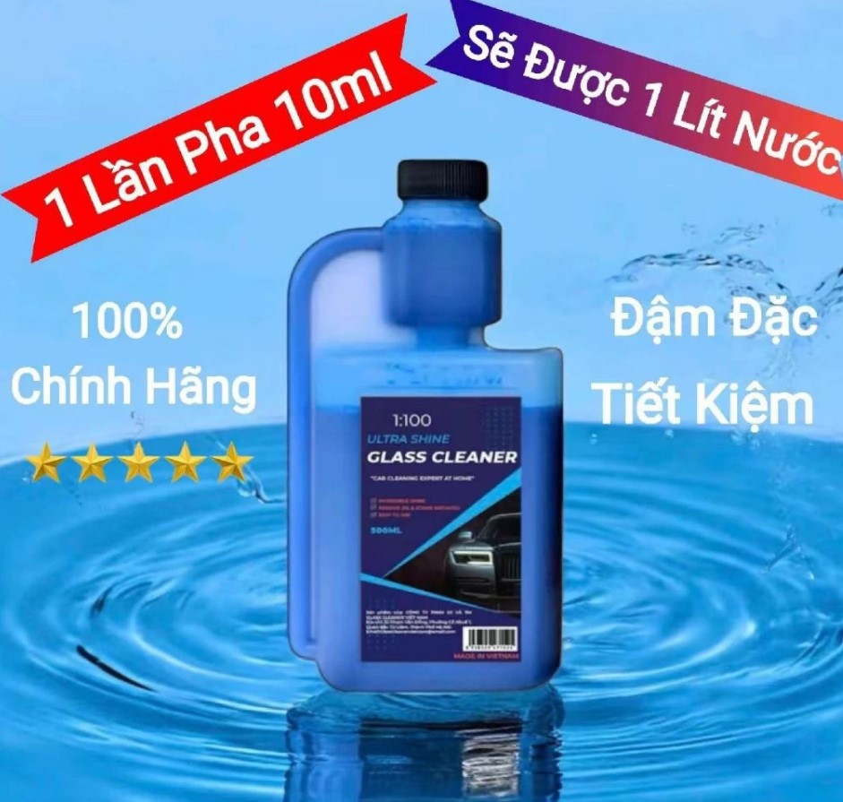 Nước Rửa Kính Xe Ô Tô GLASS CLEANER 500ml Siêu Tiết Kiệm, Tỷ Lệ Pha 10ml = 1 Lít Nước