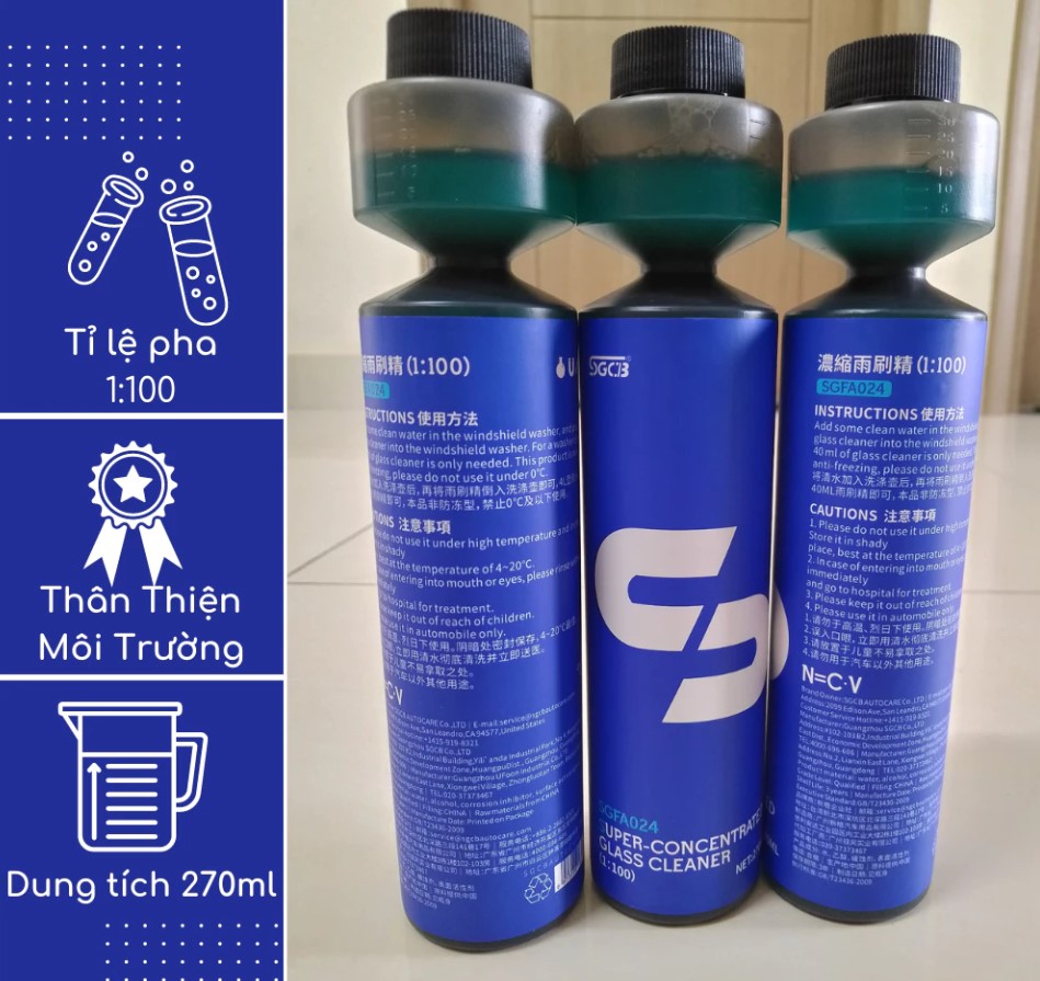 Nước Rửa Kính Xe Ô Tô SGCB Chai 270ML – Dạng Đậm Đặc 1:100 Làm Sạch Bụi Bẩn, Tăng Độ Bóng