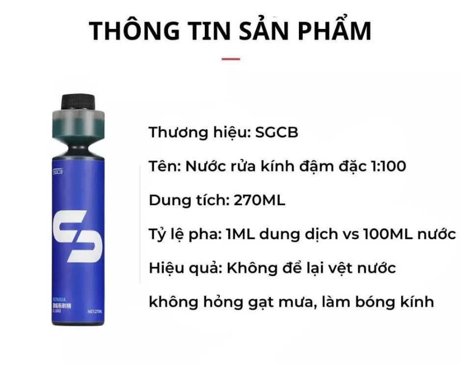 Nước Rửa Kính Xe Ô Tô SGCB Chai 270ML – Dạng Đậm Đặc 1:100 Làm Sạch Bụi Bẩn, Tăng Độ Bóng