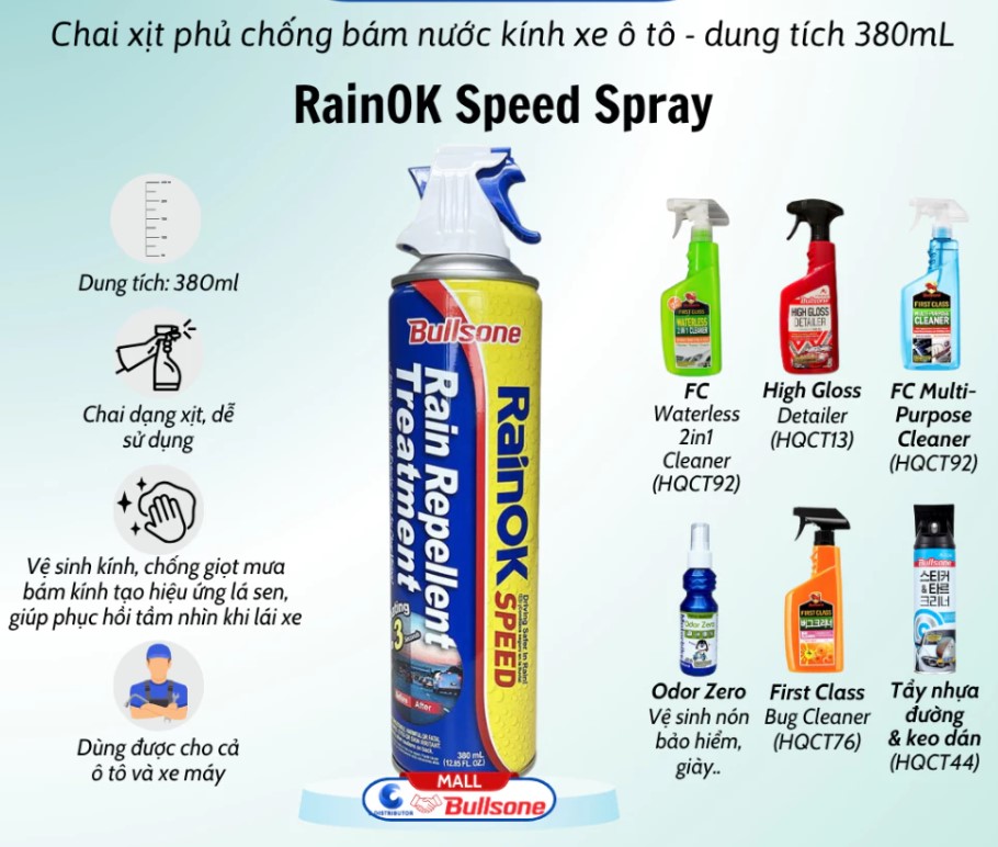 Nước Vệ Sinh Kính Chống Bám Mưa 3in1 Bullsone HQCT59 – Chai Xịt 380ml Hàn Quốc, Chống Mưa, Tăng Tầm Nhìn