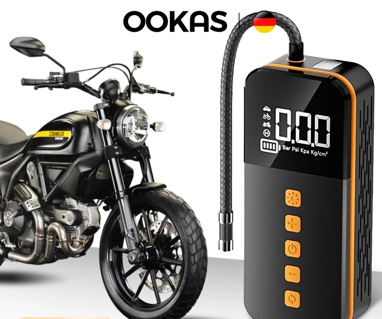 OOKAS Máy Bơm Hơi Không Dây Mini Cho Xe Máy & Lốp Ô Tô, Tích Hợp Màn Hình LCD Hiển Thị Số