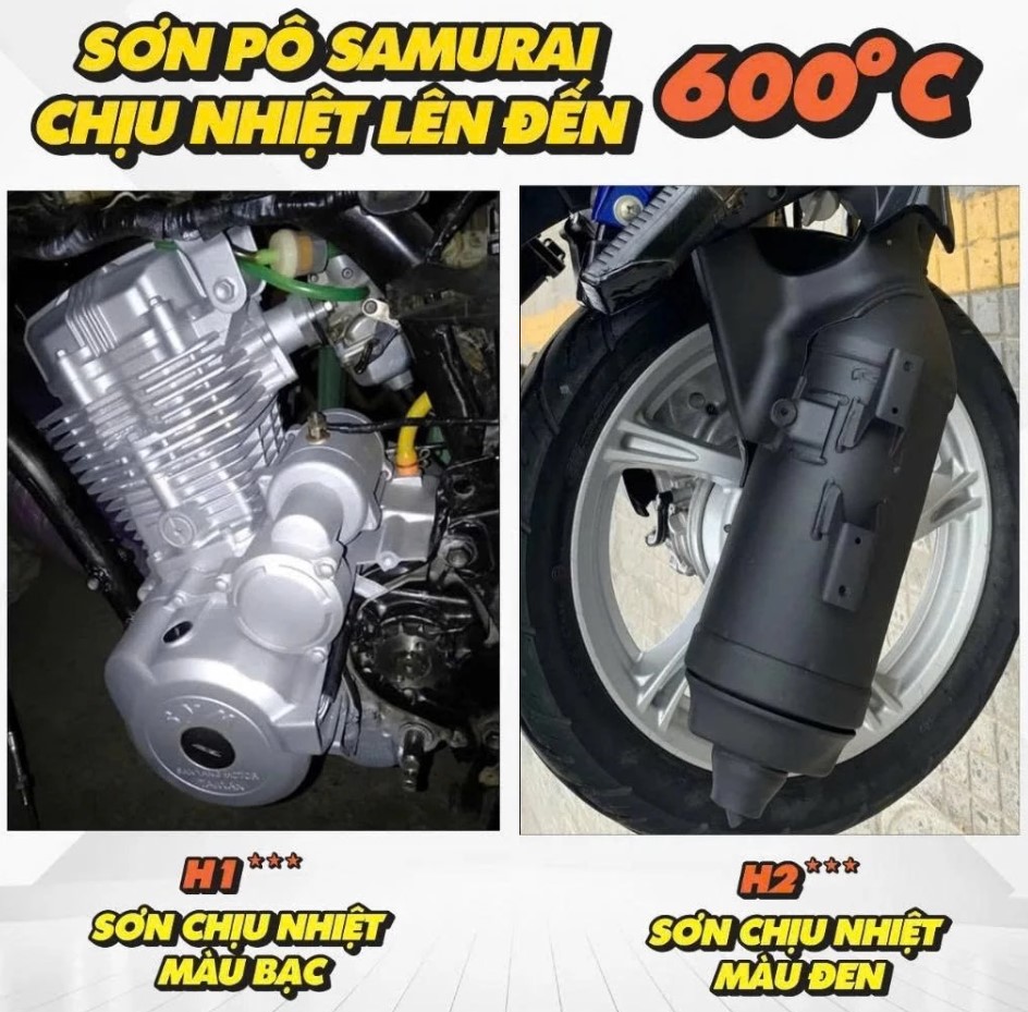 Sơn Pô Xe Chống Cháy, Chịu Nhiệt H2 – H1 300ml - Màu Đen Mờ & Bạc Mờ, Kèm Giấy Nhám Chính Hãng SAMURAI