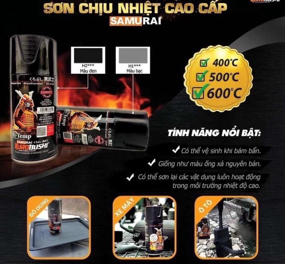Sơn Pô Xe Chống Cháy, Chịu Nhiệt H2 – H1 300ml - Màu Đen Mờ & Bạc Mờ, Kèm Giấy Nhám Chính Hãng SAMURAI