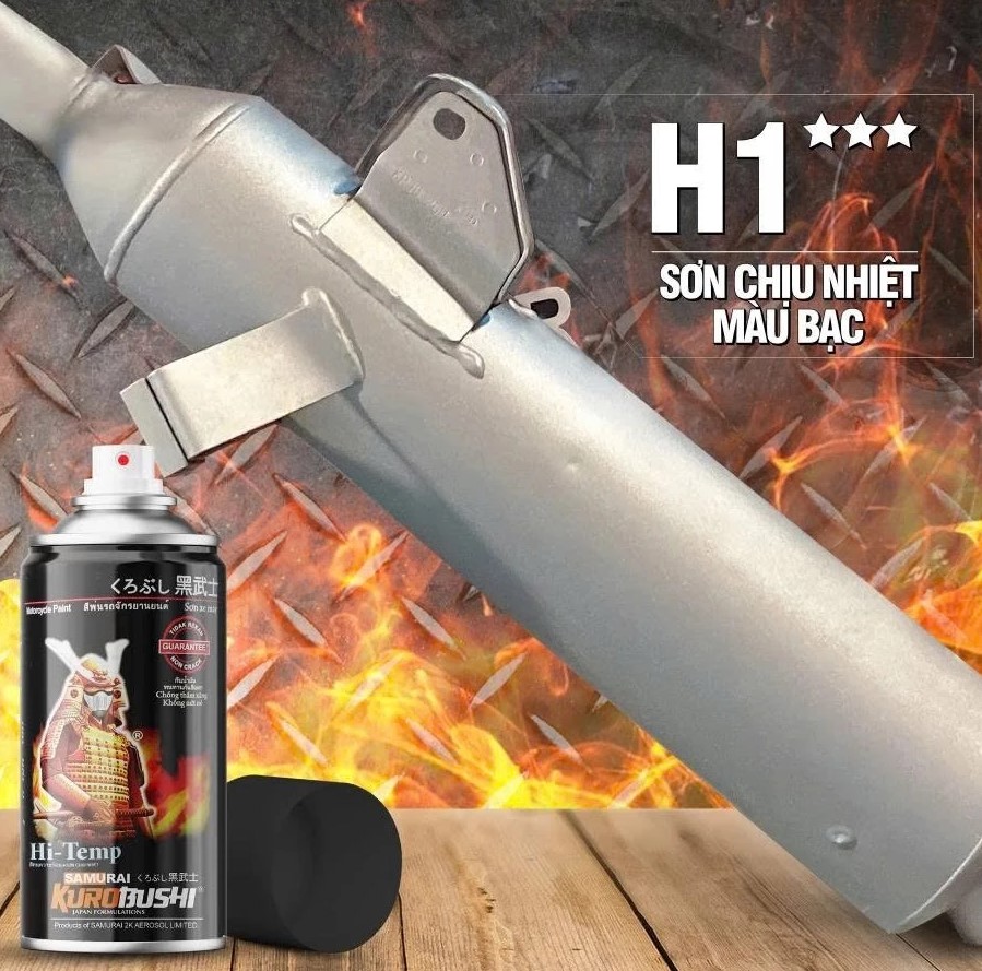 Sơn Pô Xe Chống Cháy, Chịu Nhiệt H2 – H1 300ml - Màu Đen Mờ & Bạc Mờ, Kèm Giấy Nhám Chính Hãng SAMURAI