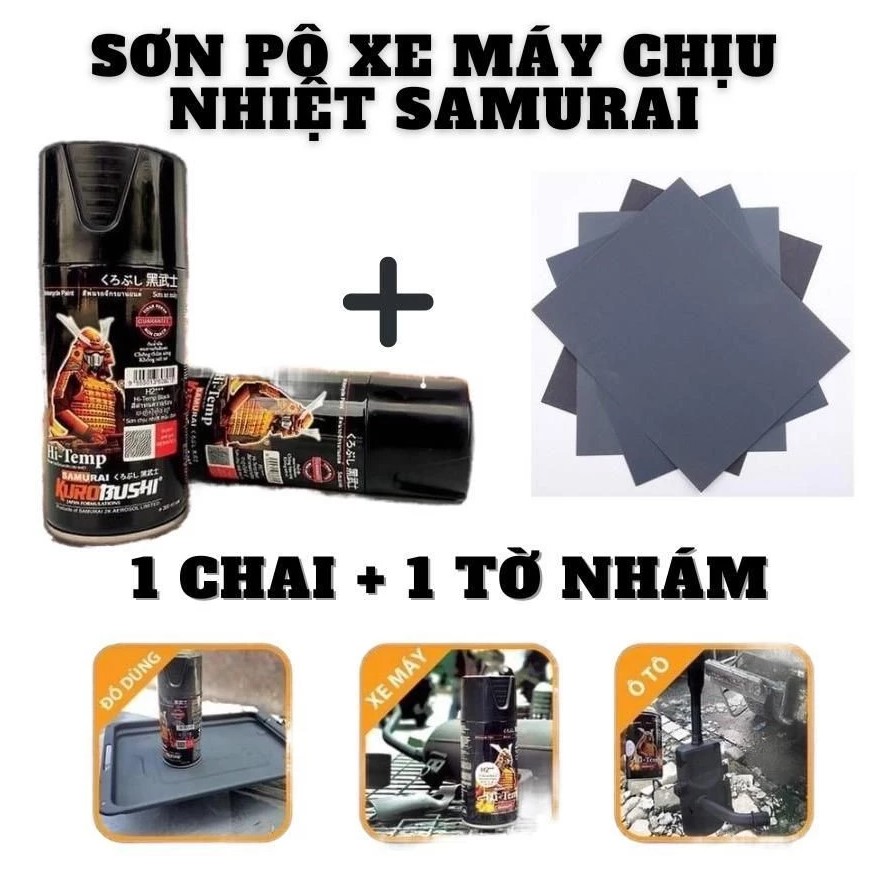 Sơn Pô Xe Chống Cháy, Chịu Nhiệt H2 – H1 300ml - Màu Đen Mờ & Bạc Mờ, Kèm Giấy Nhám Chính Hãng SAMURAI