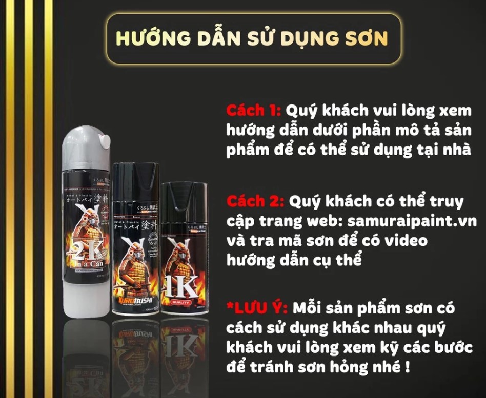Sơn xịt Samurai đủ màu, Lót, Bóng, Chịu nhiệt, Chống cháy, Chống rạn nứt, Vòi chống chảy cho xe máy
