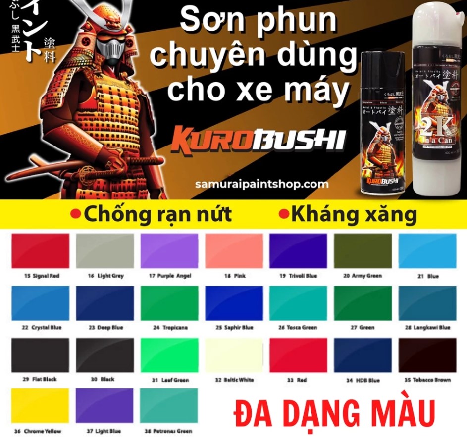 Sơn xịt Samurai đủ màu, Lót, Bóng, Chịu nhiệt, Chống cháy, Chống rạn nứt, Vòi chống chảy cho xe máy