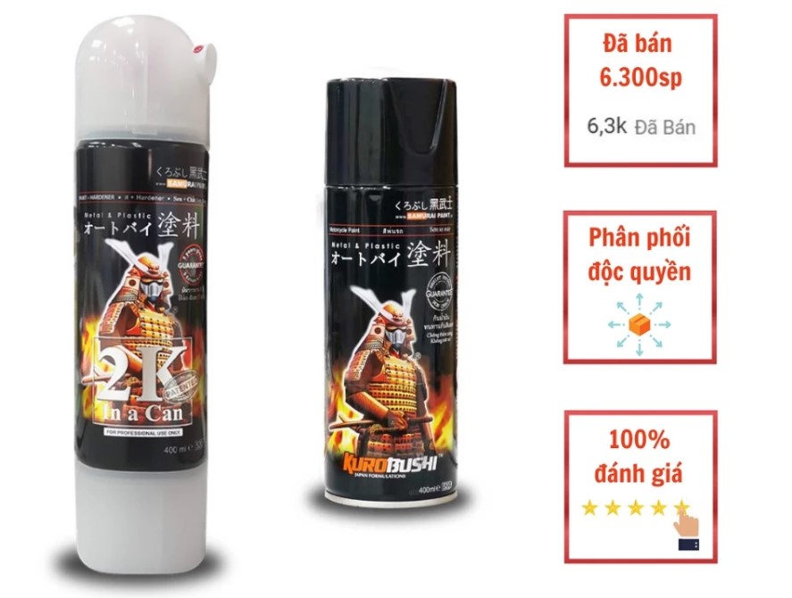 Sơn xịt Samurai đủ màu, Lót, Bóng, Chịu nhiệt, Chống cháy, Chống rạn nứt, Vòi chống chảy cho xe máy