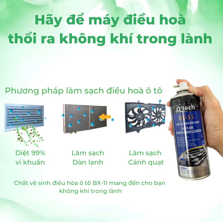 Vệ sinh điều hòa dàn lạnh ô tô O'TECH BX-11 (450ml) – Làm sạch sâu, khử mùi hiệu quả, bảo vệ hệ thống điều hòa