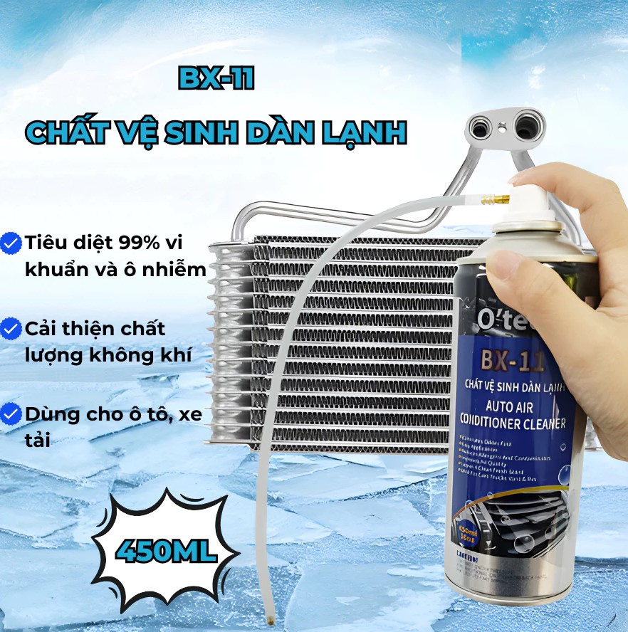 Vệ sinh điều hòa dàn lạnh ô tô O'TECH BX-11 (450ml) – Làm sạch sâu, khử mùi hiệu quả, bảo vệ hệ thống điều hòa