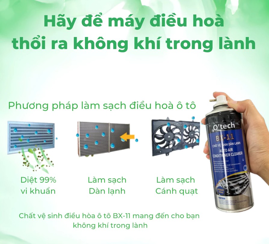 Vệ sinh điều hòa dàn lạnh ô tô O'TECH BX-11 (450ml) - Loại bỏ mùi hôi, chất gây dị ứng và ô nhiễm