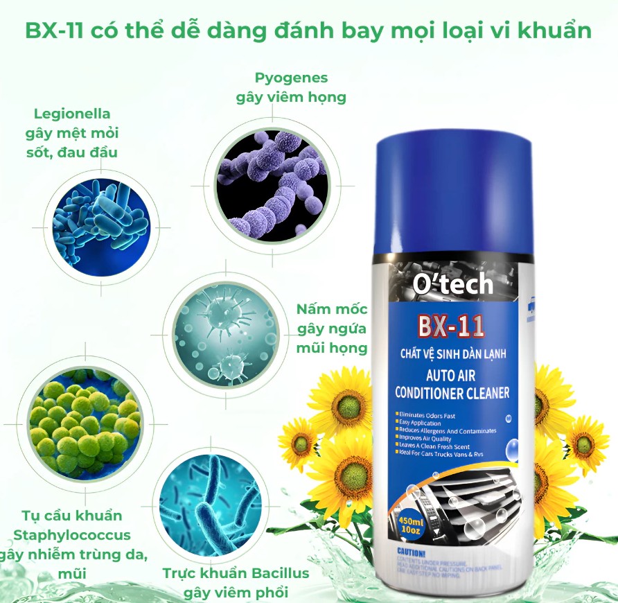 Vệ sinh điều hòa dàn lạnh ô tô O'TECH BX-11 (450ml) - Loại bỏ mùi hôi, chất gây dị ứng và ô nhiễm