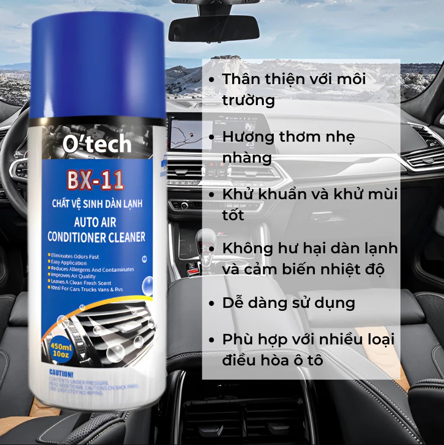 Vệ sinh điều hòa dàn lạnh ô tô O'TECH BX-11 (450ml) - Loại bỏ mùi hôi, chất gây dị ứng và ô nhiễm